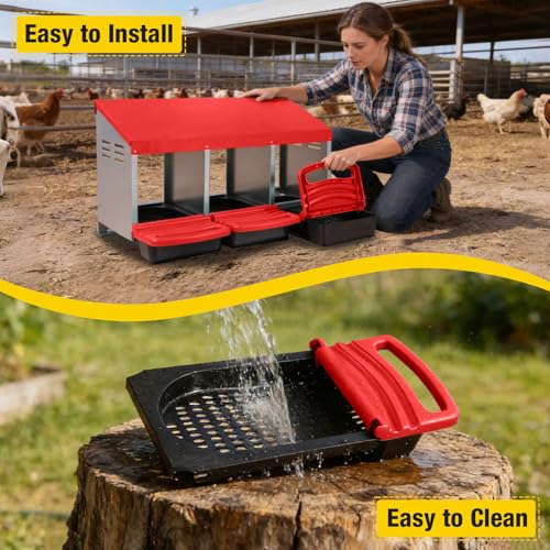 Aivituvin Chicken Nesting Box, 3 Compartments Chicken Egg Laying Box, Metal Nesting Boxes with Swing Perch for Chickens, Roll Away Egg Collection for Chicken Coop (Red) - color: Red