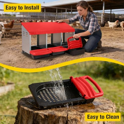 Aivituvin Chicken Nesting Box, 3 Compartments Chicken Egg Laying Box, Metal Nesting Boxes with Swing Perch for Chickens, Roll Away Egg Collection for Chicken Coop (Red) - color: Red