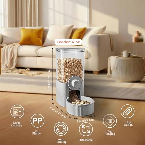 41 oz Hanging Gravity Auto-Refill Small Animal Feeder Grey | Space-Saving, Large Capacity, Easy-Refill Bowl for Rabbits, Guinea Pigs, Ferrets, Chinchillas & Small Pets - color: Grey