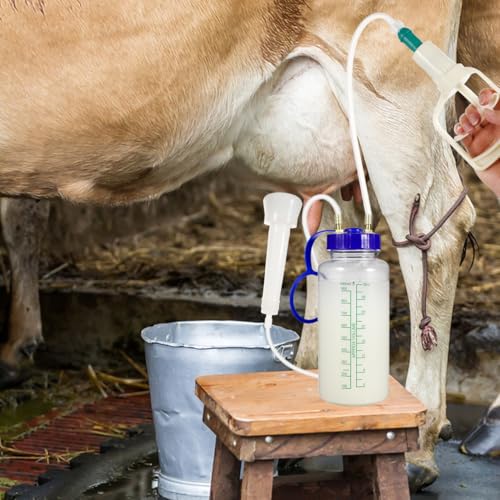 YARNOW Manual Goat Milking Machine Portable Cow Milker Kit, 1L Hand Vacuum Pump Sheep Milking Equipment for Small Farm, Cattle Extractor with Clear Bottle & Cleaning Brushes