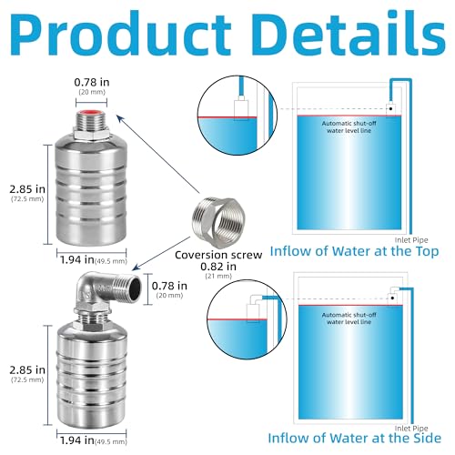 Float Valve，1/2 to 3/4'' 304 Stainless Steel Fully Automatic water shut off valve，Auto Water Level Control for Water Tanks, Fish Ponds, Livestock Troughs, Hydroponics, Pool - size: 1 Pack