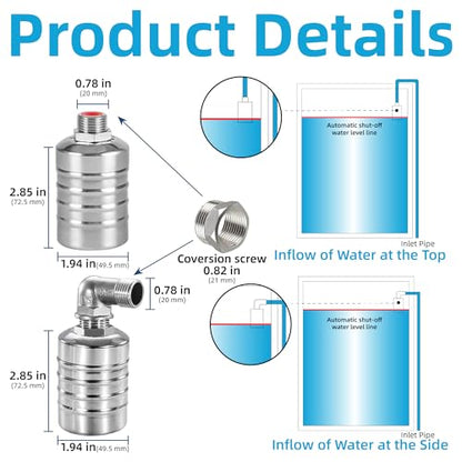 Float Valve，1/2 to 3/4'' 304 Stainless Steel Fully Automatic water shut off valve，Auto Water Level Control for Water Tanks, Fish Ponds, Livestock Troughs, Hydroponics, Pool - size: 1 Pack