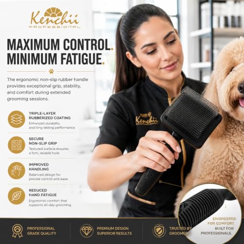 Kenchii Long Pin Slicker Brush for Dogs (Poodles, Doodles, Goldendoodles, Labradoodles), Professional Grooming Brush for Detangling, Fluffing & Dematting, Non-Slip Comfort Handle (Black) - color: Black