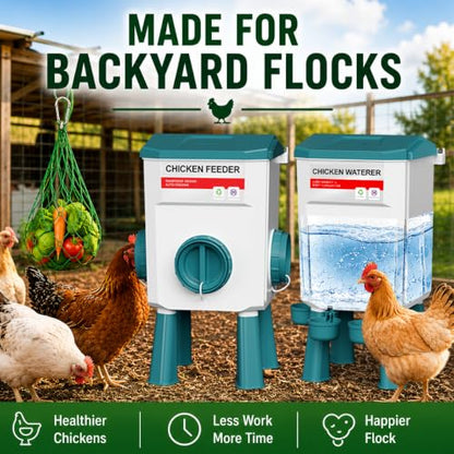 Chicken Feeder and Waterer Set, Automatic No Waste Poultry Feeding System, 17 lb Feeder & 7L Waterer, 4-in-1 Chicken Coop Kit with Vegetable Holder for Chickens, Ducks & Quail - size: 1.9 Gallon Upgraded