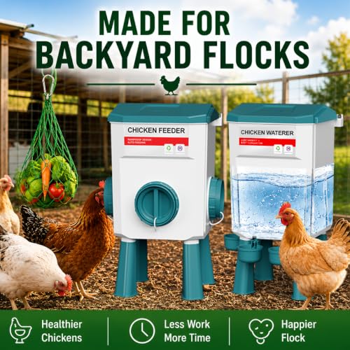 Chicken Feeder and Waterer Set, Automatic No Waste Poultry Feeding System, 26.5 lb Feeder & 11L Waterer, 4-in-1 Chicken Coop Kit with Vegetable Holder for Chickens, Ducks & Quail - size: 3 Gallon Upgraded