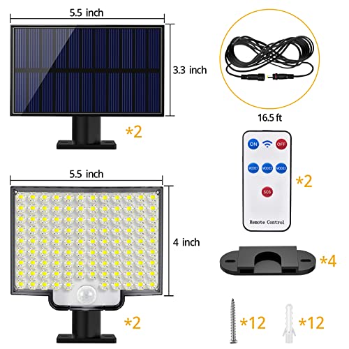 Solar Lights Outdoor, 106 LED 3000LM Solar Powered Motion Sensor Flood Lights with Remote, Dusk to Dawn Led Solar Security Wall Lights with 16.5Ft Cable IP65 Waterproof for Outside, Garage, 2 Pack - size: 2