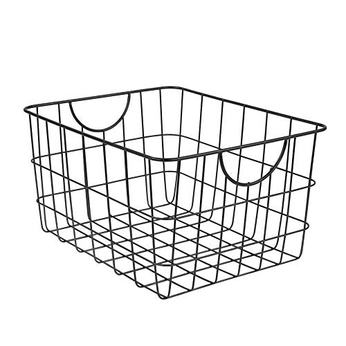 Spectrum Large Wire Basket with Handle Black Metal Utility Storage Bin for Organizing Kitchen Pantry Cabinets Closet and Garage Shelves, Steel Metal Basket Storage Organizer Bin with Handle
