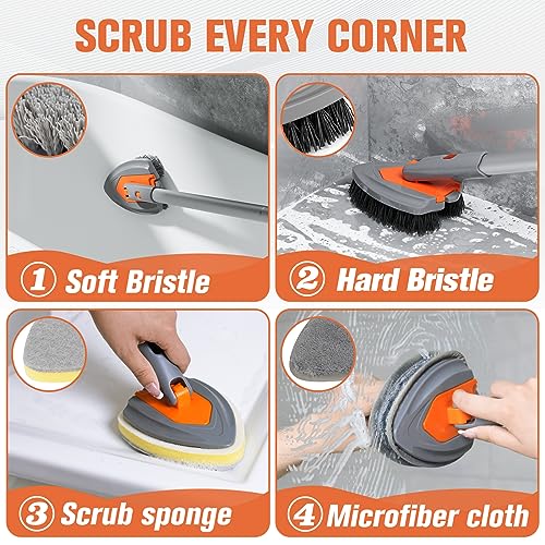 Eazer 4-in-1 Long-Handled Tub Scrubber-Versatile Bathroom Cleaning Brush with Shower Scrubber-Ideal Shower Cleaner Brush for Efficient Cleaning-Long Handle Scrub Brush for Shower, Tub, and Bathroom