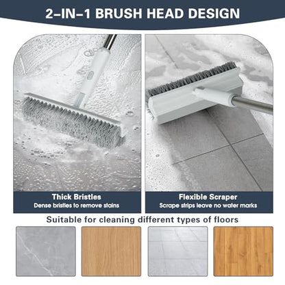Floor Scrub Brush with Long Handle, 2 in 1 V-Shape Grout Brush with Squeegee + 2 Crevice Cleaning Brushes, Heavy Duty Stiff Bristle Scrubber Brush for Cleaning Shower Bathroom Kitchen Tile