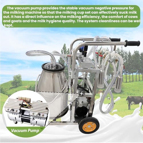 25L Electric Cow Goat Milking Machine Portable Oil-Free Vacuum Pump Milker 1440 RPM Suction Pump with 304 Stainless Steel Bucket and Regulator Farm Supply