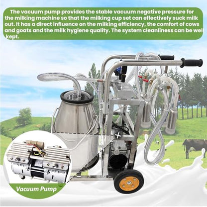 25L Electric Cow Goat Milking Machine Portable Oil-Free Vacuum Pump Milker 1440 RPM Suction Pump with 304 Stainless Steel Bucket and Regulator Farm Supply