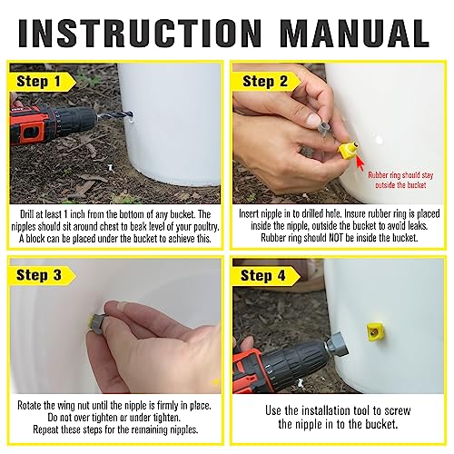 Chicken Waterer Nipples, Horizontal Side Mount, Anti-Leak Automatic Water System for Poultry, Suitable for Chickens, Duck, Quail, Pack of 12, Includes Drill Bit & Installation Tool