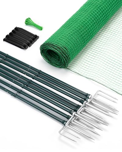 Temporary Fence with Metal Posts, 40" Hx50'L Garden Fence Animal Barrier with Ground Spikes, Plastic Fencing for Outdoor Dogs, Chicken, for Backyard, Patio, Garden