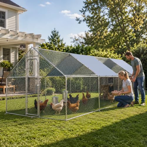 Large Metal Chicken Coop for 40-45 Chickens, Walk-in Chicken Run, Chicken Pen Outdoor W/Cover, Waterproof & Anti-UV, 26.3' D x 9.8' W x 6.4' H, Wire Mesh Poultry Cage for Yard #LYJL08JD-US - size: 315.6"L x 117.6"W x 76.8"H, style: Spire Roof