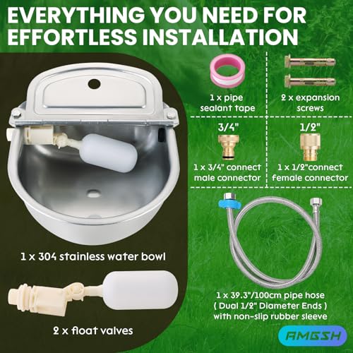 Automatic Animal Drinking Water Bowl, 304 Stainless Steel Waterer with Float Valves, 39" Pipe Hose (1/2" Ends), 1/2" to 3/4" Adapter, Livestock Water Trough Dispenser for Dog Horse Goat Pig Cow