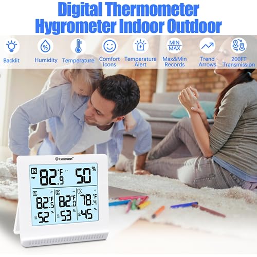 Geevon Indoor Outdoor Thermometer Wireless with 3 Remote Sensors, Digital Hygrometer Thermometer, Temperature Gauge Humidity Monitor with Backlight, 200FT/60M Transmission Range