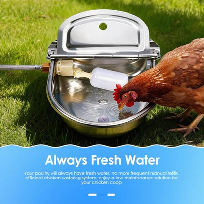 Metal Automatic Chicken Waterer with Float Valve, Stainless Steel Duck Waterer No Mess Outdoor Wall Mounted Chicken Water Dispenser with Hose and Drain Plug for Chicken Coop