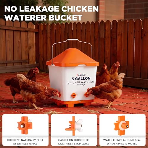 Eggluuz 5 Gallons Chicken Waterer Bucket with Horizontal Nipples, Adjustable Legs and Anti-Roost Cone
