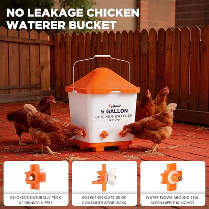 Eggluuz 5 Gallons Chicken Waterer Bucket with Horizontal Nipples, Adjustable Legs and Anti-Roost Cone
