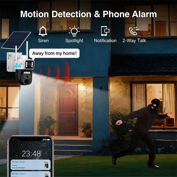 HAWKRAY 4G LTE Outdoor Solar-Powered Cellular Security Camera (Built-in SIM Card, Data Plan Required; No Wi-Fi), Dual Lens, 355° PTZ, Color Night Vision, PIR Motion Detection, Two-Way Audio