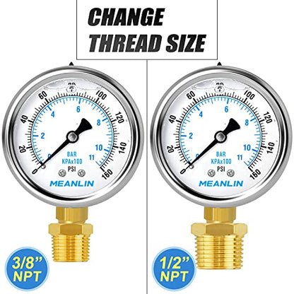 MEANLIN MEASURE 0~160Psi Stainless Steel 1/4" NPT 2.5" FACE DIAL Liquid Filled Pressure Gauge WOG Water Oil Air Lower Mount (Pack of 2), with 1/2" NPT and 3/8" NPT Hex Bushing - size: 0-160Psi (2Pcs)