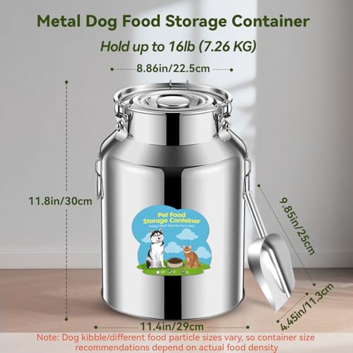 Newget 16lb Stainless Steel Dog Food Storage Container, Metal Pet Storage Container with Airtight Hangable Lid to Keep Food Fresh, Large Cat Food Storage Container with Scoop to Easily Clean - size: 16 lb