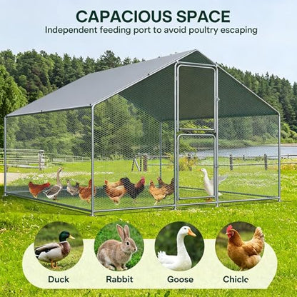Large Metal Chicken Coop with Run, Walkin Poultry Cage for 10 Chickens with Full-coverage PE Roof, Waterproof & Anti-UV Cover, Double Lockable Doors, Outdoor Hen/Duck/Rabbit House (9.8 x 6.6 x 6.6 FT) - size: 118.1"L x 78.7"W x 78.7"H