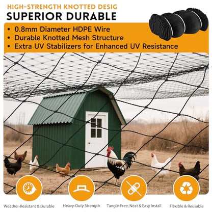 Heavy Duty Bird Netting for Chicken Coop with 1" Mesh, 50x50 ft Reinforced HDPE Poultry Netting, Durable & Reusable Chicken Netting for Hawks, Predator Proof for Farm, Fence, Garden & Orchard - style: 50' x 50' - 1"