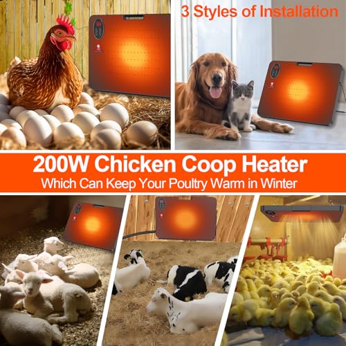 Chicken Coop Heater for Winter,Radiant Heat Panel with Overheating Protection,200W Chicken Heater with Remote Control Timing Function & Adjustable Temp,Large Heat Warmer for Chicken Kitten Puppy Pet