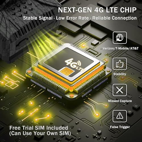 Solar Cellular Trail Camera 4G LTE, Preloaded Trial SIM, No Monthly Fees (Use Your Own SIM), Sends Pictures to Phone, 2K Live Video 10000mAh Battery 0.2s Trigger IP66 Game Cam for Farm Hunting