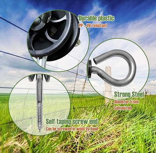 QMARK 10 Pack Electric Fence Wood Post Anchors, Wood Post Screw-in Insulators, Screw-in Gate Handle Anchor, 2-Ring Black Handle Anchors