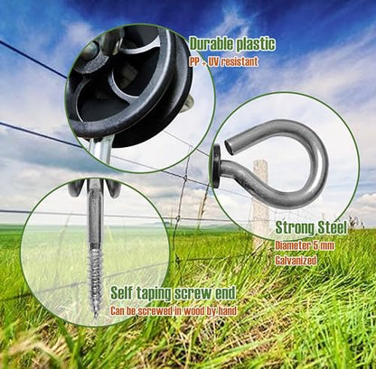 QMARK 10 Pack Electric Fence Wood Post Anchors, Wood Post Screw-in Insulators, Screw-in Gate Handle Anchor, 2-Ring Black Handle Anchors