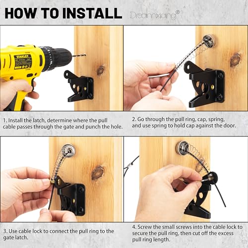 Self Locking Gate Latches with Spring Cable Pull, Post Mount Automatic Gravity Lever Gate Fence Door Lock for Wooden Fence/Vinyl Door/Aluminum Gate, 1 Pack