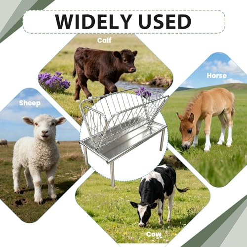 4FT Heavy-Duty Galvanized Steel Hay Feeder for Goats, 30 Gallon Hay Feeder, Outdoor Pasture Feeder with 6" Wide Feeder Pan, All-Weather Livestock Feeder, Easy to Install for Outdoor Farms
