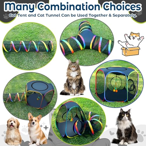 CypherX Outdoor Rainbow Cat Enclosure, 7-in-1 Portable Pop Up Cat Tents and Tunnels for Outside, Outdoor Catio Mesh Pet Playpen House, Large Playground for Large Cats and Other Animals - size: 7 in 1 Kingdom(18"W)