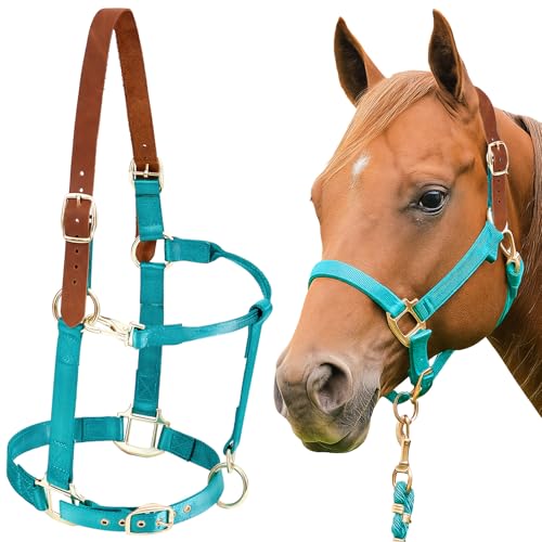 Leather Halter for Horses, Equine Breakaway Nylon Rope Horse Halter with Snap & Adjustable Chin and Throat Snap Hook Halters for Training, Show and Daily Use, Average Size - color: Green Brown