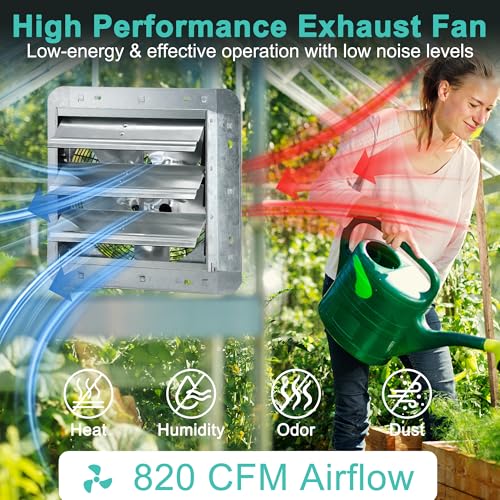 10 Inch Shutter Exhaust Fan with Thermostat and Speed Controller, Wall Mounted Vent Fan for Attic, Greenhouse, Shed, Garage, Chicken Coop, Shop Ventilation, 820 CFM, 1200 SQF Coverage Area - size: 10 Inch
