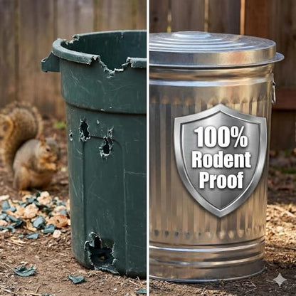 31 Gallon Galvanized Steel Trash Can with Lid, Heavy Duty, Rodent Proof, Weather Resistant, for Outdoor Garbage, Pet Food, Seed & Charcoal Storage
