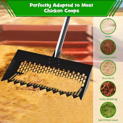 Chicken Poop Scooper & Rake 2-in-1 – 12 Inch Shovel Head & 3-Angle Adjustable Stainless Steel Handle, Chicken Litter Scoop and Coop Rake & Sand Sifting Shovel for Chicken Coops, Black - color: Black
