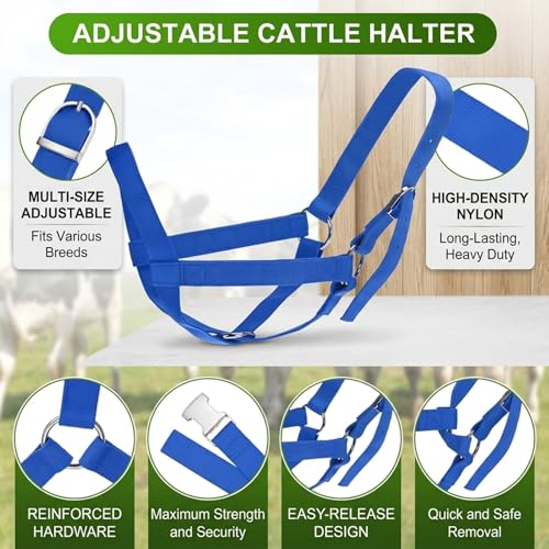 2 PCS Cow Halter Adjustable Calf Halter with Leading Rope, Heavy Duty Nylon Cattle Halters for Horse/Donkey/Goat/Cattle, Foal