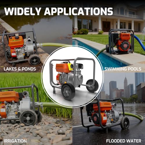 NOVUS 2-Inch Semi Trash Pump with Foldable Handle and Wheels, 212cc 4 Cycle Engine, 50ft Discharge Hose, 12ft Suction Hose with Quick Cam Lock Coupler,Gas Powered Irrigation Water Pump, EPA Certified - size: 2 Inch with Hose and Wheel