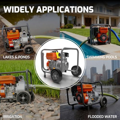 NOVUS 2-Inch Semi Trash Pump with Foldable Handle and Wheels, 212cc 4 Cycle Engine, 50ft Discharge Hose, 12ft Suction Hose with Quick Cam Lock Coupler,Gas Powered Irrigation Water Pump, EPA Certified - size: 2 Inch with Hose and Wheel