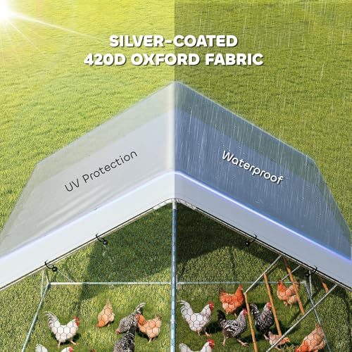 PawHut Large Metal Chicken Coop, Walk in Chicken Run with Waterproof & Anti-UV Cover, Feeding Door, Hanging Feeder, Perch, Outdoor Duck Cage Rabbit Hutch Pen, for 24-30 Poultries, 9.8' x 26.2' x 6.4' - size: 315.0"L x 118.1"W x 76.8"H