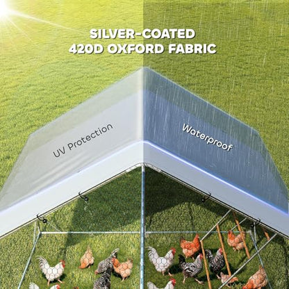 PawHut Large Metal Chicken Coop, Walk in Chicken Run with Waterproof & Anti-UV Cover, Feeding Door, Hanging Feeder, Perch, Outdoor Duck Cage Rabbit Hutch Pen, for 24-30 Poultries, 9.8' x 26.2' x 6.4' - size: 315.0"L x 118.1"W x 76.8"H