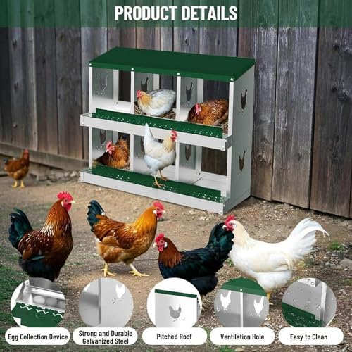 IDEALHOUSE Chicken Nesting Box, Galvanized Steel Laying Box with Rustproof & Roll-Away Egg Design, for Hens, Green 6 Compartment No Bracket - color: Green, size: 6 compartments (without bracket)