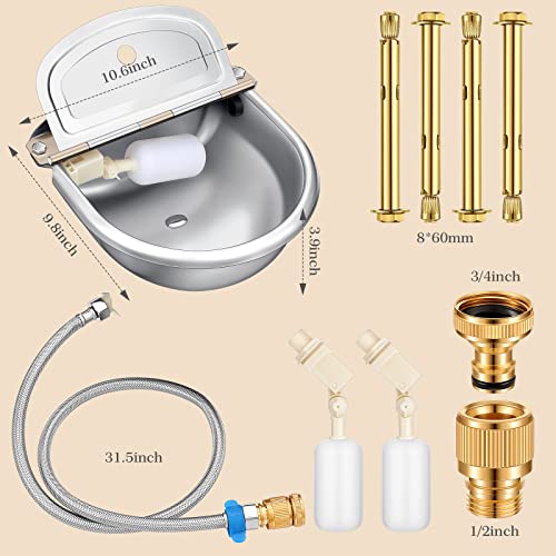 Bokon 2 Sets Automatic Animal Drinking Water Bowl, 304 Stainless Steel Waterer for Dog Cattle Goat Pig, Livestock Water Trough Dispenser with Pipe Hose, 4 Float Valves, Quick Connecter, Expansion Bolt