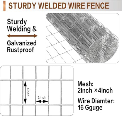 Tongmo 4 ft x 50 ft Galvanized Welded Chicken Wire Fence, 16GA Garden Chicken Wire Fence Roll, Mesh Size 2" x 4"Hardware Cloth, Ideal for Yard Protection and Poultry Netting - color: Galvanized, size: 4ft*50ft