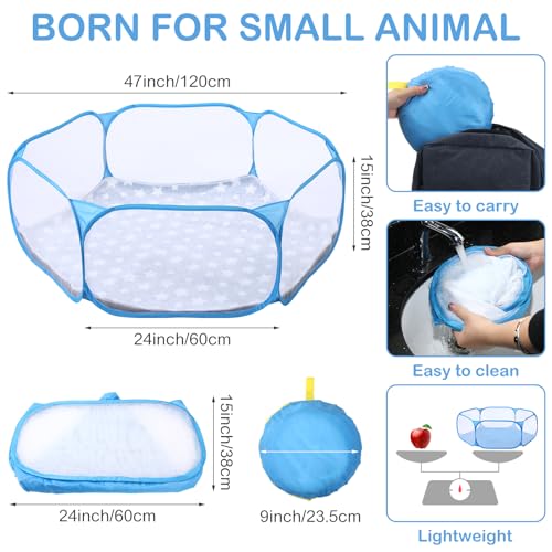 VitalCozy Hamster Playpen with Mat Small Animal Cage Tent Breathable Transparent Guinea Pig Playpen Waterproof Portable Yard Fence Mat Foldable Exercise Playpen Outdoor Indoor (Blue,Star) - color: Blue