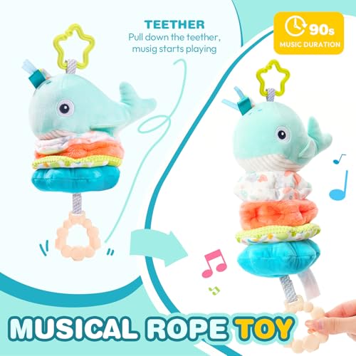Jollybaby Baby Musical Pull String Hanging Toy for Stroller Car Seat Crib Play Gym, Plush Stuffed Whale Toy for Carseat with Music Teether Crinkle Paper, Sensory Toy for 0-6-12-18 Months Baby Gift - style: Whale