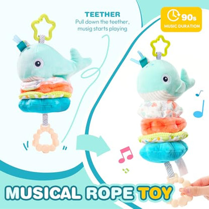 Jollybaby Baby Musical Pull String Hanging Toy for Stroller Car Seat Crib Play Gym, Plush Stuffed Whale Toy for Carseat with Music Teether Crinkle Paper, Sensory Toy for 0-6-12-18 Months Baby Gift - style: Whale